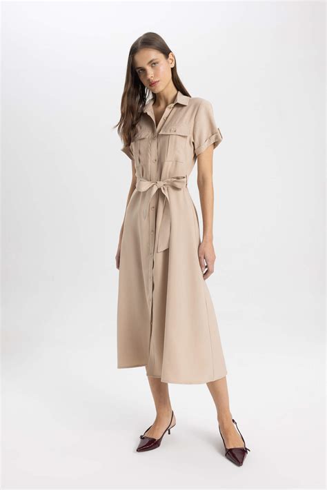 Beige Woman Shirt Collar Midi Dress Defacto