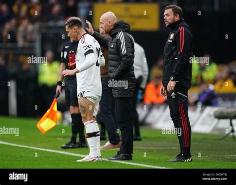 Manchester United Manager Erik Ten Hag Speaks To Antony During The