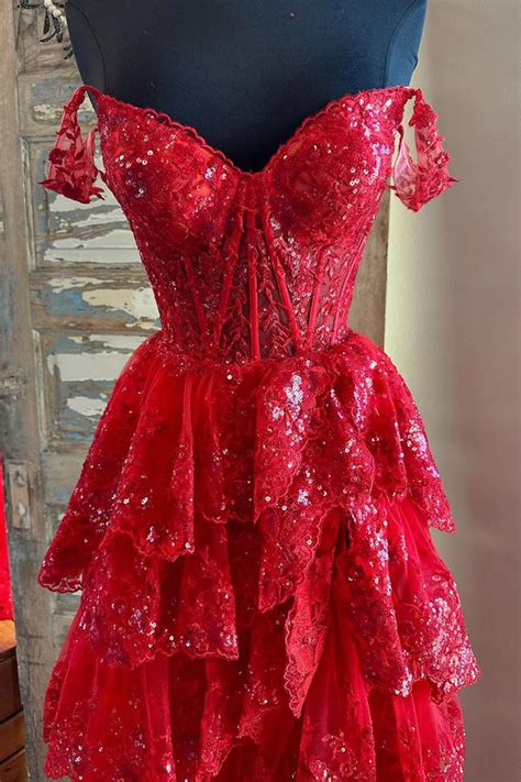 Shiny Off Shoulder Red Lace Layered Long Prom Dresses Red Lace Formal