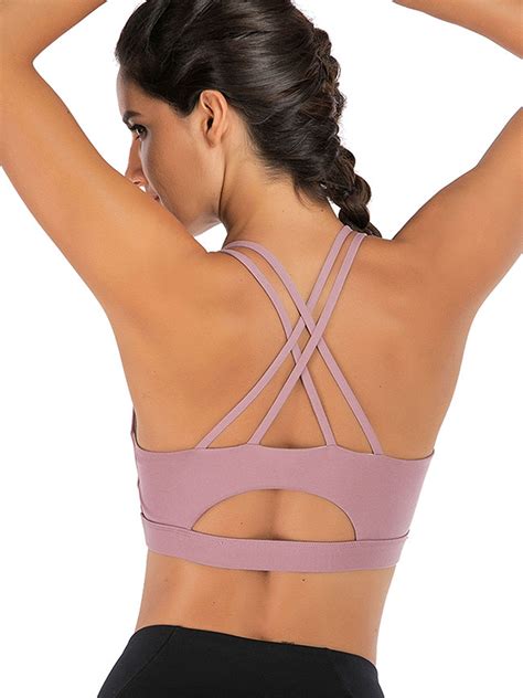 DODOING Women S Racerback Sports Bra Cross Back Strappy Removable Pads