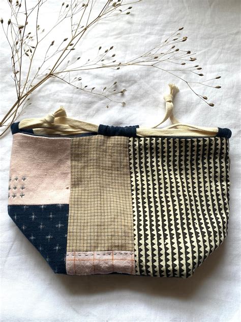 Sashiko Stitched Linen Rice Bag With Boro Patches Cosmetic Pouch Etsy