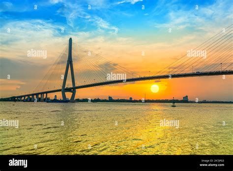 Sunset Can Tho bridge, Can Tho city, Vietnam. Cable-stayed bridge ...