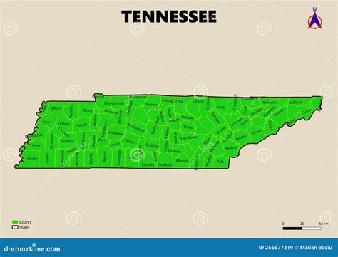 Illustration A Large Detailed Administrative Map Of The Us American State Tennessee Stock