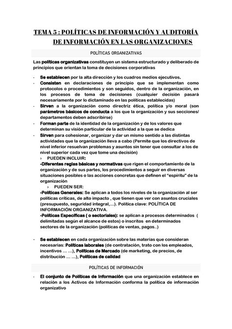 TEMA 5 Apuntes tema 5 TEMA 5 POLÕTICAS DE INFORMACIN Y AUDITORÕA