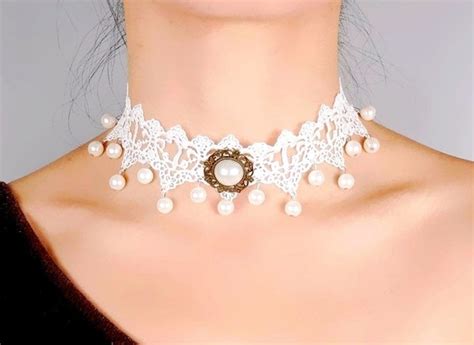 SALE White Lace Choker Pearl Beaded Necklace By LaceFancy