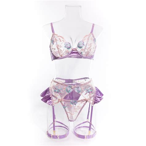 Purple Floral Sheer Lingerie Set Floral Embroidered Lingerie Set See