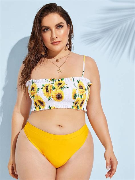 Plus Sunflower Print Smocked Bikini Set Bikinis Smocked Bikini