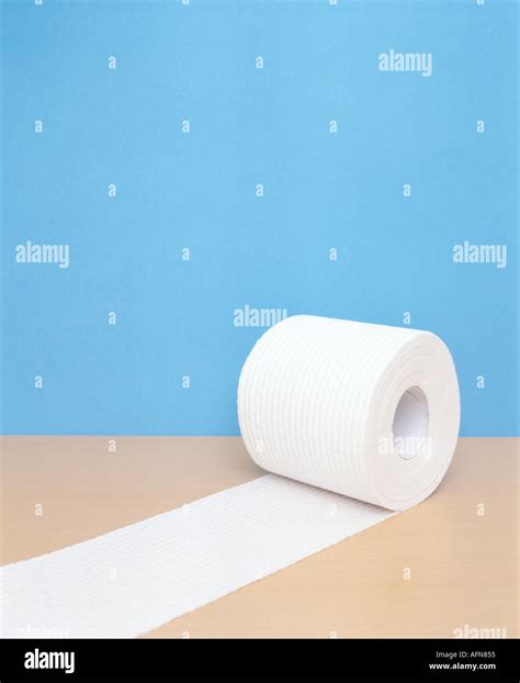 Plain White Roll Of Toilet Paper Rolled Out On Light Timber Surface