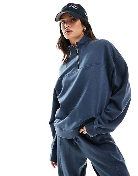 Asos Design Oversize Sweatshirt In Verwaschenem Marineblau Mit Kurzem