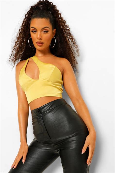 Womens Yellow Satin Cut Out One Shoulder Top Boohoo Uk