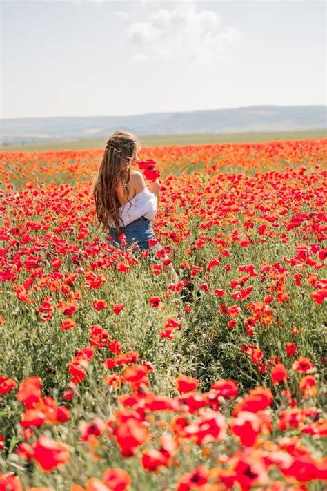 Woman Poppies Field Back View Of A Happy Woman With Long Hair In A