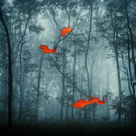 Fire Breathing Dragon Flying Over Foggy Old Forest Stable Diffusion