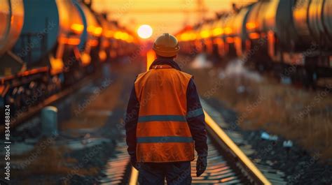 Back View Of A Service Worker Overlooking A Freight Train Oil Transport