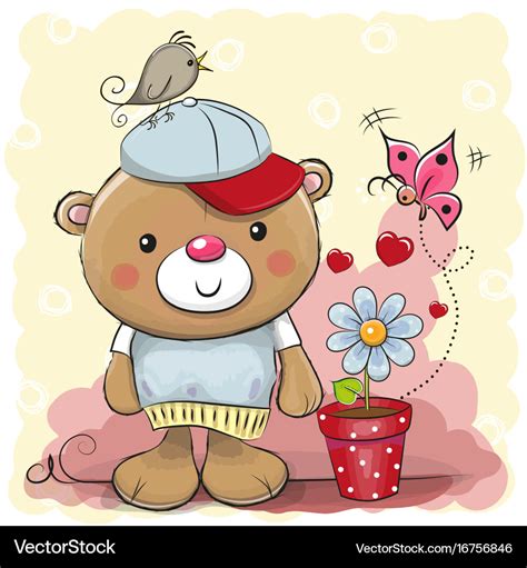 Cute Cartoon Teddy Bear With Flower Royalty Free Vector