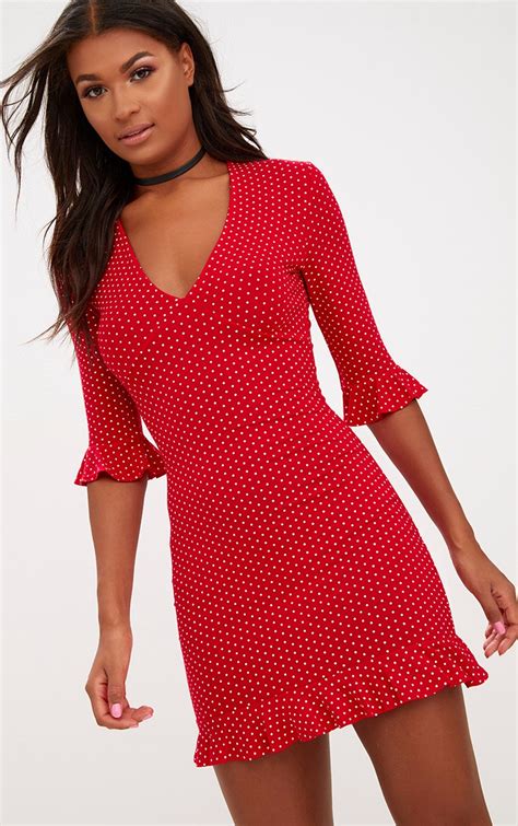 Red Polka Dot Frill Hem Shift Dress | PrettyLittleThing