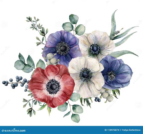 Mazzo Blu Rosso E Bianco Dell Acquerello Dell Anemone I Fiori Del