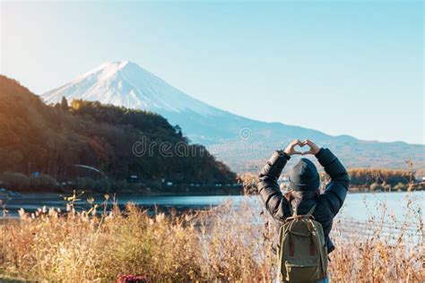 Woman Tourist With Fuji Mountain At Lake Kawaguchi Happy Traveler