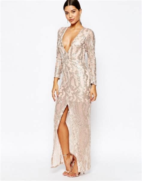 Club L Sequin Maxi Dress With Plunge Back And Long Sleeves In Gold Plunging Occasion Dresses