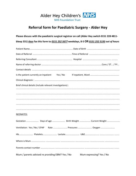 Referral form for Paediatric Surgery