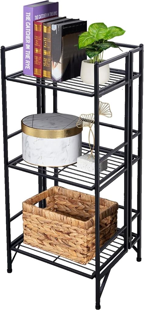 3 Tier Wide Folding Metal Shelf, Foldable Storage Shelves Easy Assembly, Portable Design Ideal ...