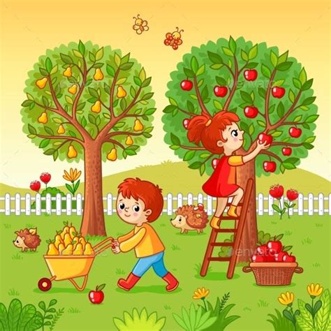 Boy And Girl Collect Fruit Harvest Art Drawings For Kids Drawing For