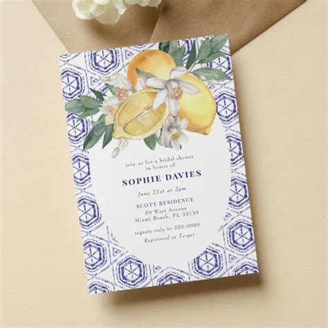 Elegant Blue Mediterranean Lemon Bridal Shower Invitation Zazzle