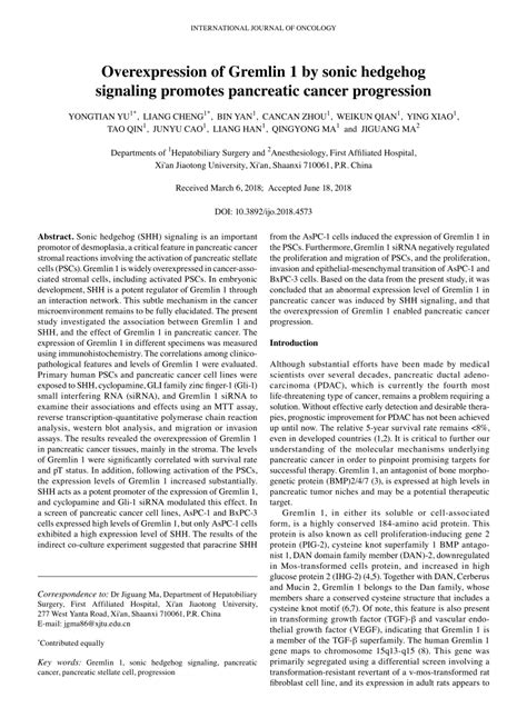 PDF Overexpression Of Gremlin 1 By Sonic Hedgehog Signaling Promotes