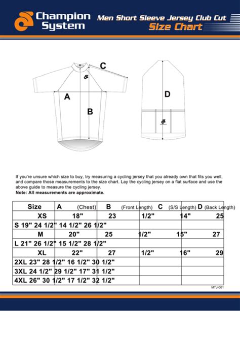 Champion System Men Short Sleeve Jersey Club Cut Size Chart Printable Pdf Download