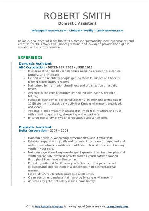 Domestic Assistant Resume Samples Qwikresume