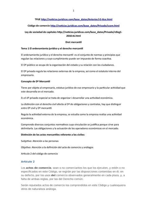 Apuntes Tema Tfue De Comercio Ley De Sociedad De Capitales Dret