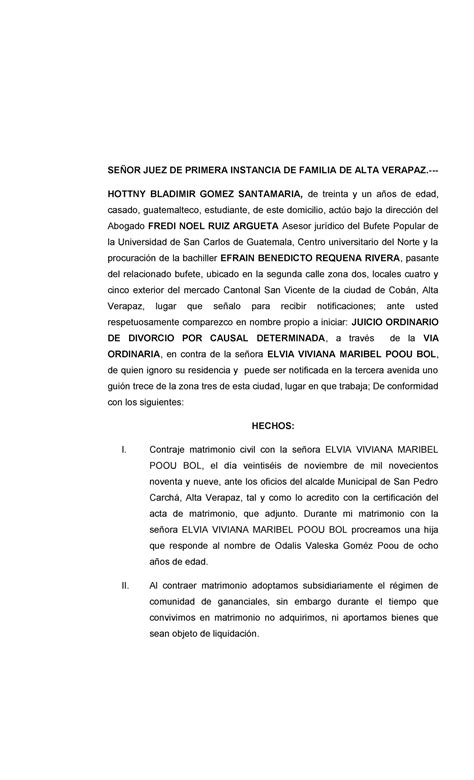 Demanda De Divorcio Por Causal Determinada SeÑor Juez De Primera