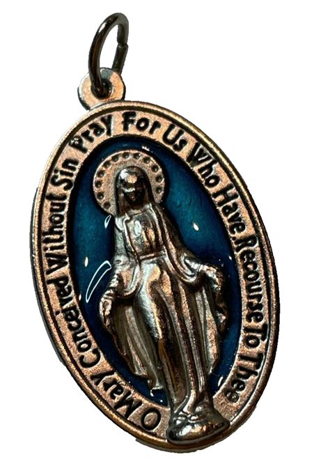 Vintage VIRGIN MARY Blue Enamel Religious Prayer Meda Gem