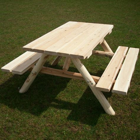 white cedar log outdoor picnic table  attached benches