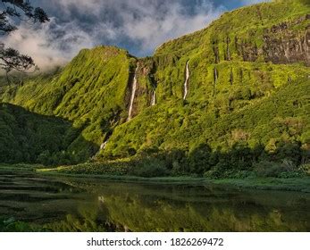 Azores Landscape Waterfalls Cliffs Flores Island Stock Photo