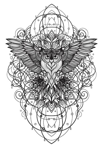 Tatouage Art Hibou Main Dessin Croquis Noir Et Blanc Vecteur Premium