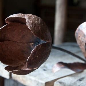 Metal Sculpture Copper Tulip On Stone Base Forged Welded Metal Flower