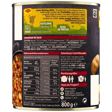 Maggi Linsen Eintopf mit Speck und natürlichen Zutaten 800g Dose