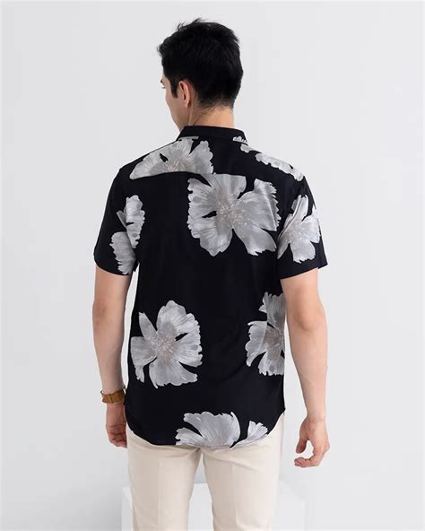 Black Exo Leaf Floral Printed Slim Fit Shirt For Men Yoya