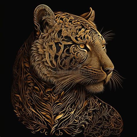 Gold Filigree Inlaid Royal Bengal Tiger Generative Ai Stock