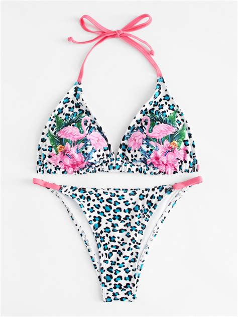 Flamingo Print Leopard Bikini Set Leopard Bikini Bikinis Bikini Set