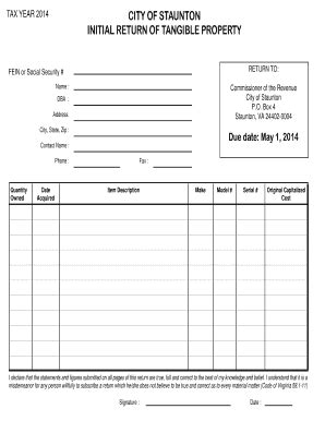 Fillable Online TAX YEAR 2014 CITY OF STAUNTON INITIAL RETURN OF