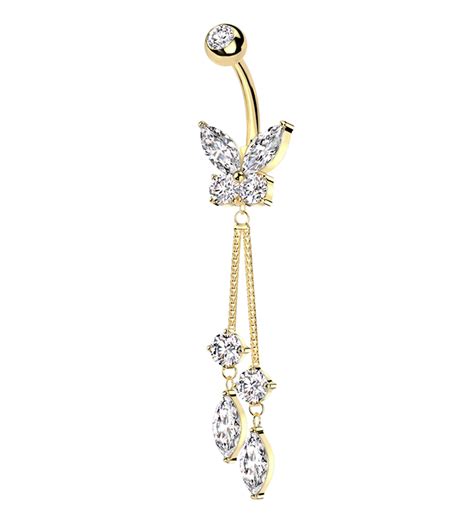 Gold Pvd Flying Marquise Butterfly Clear Cz Dangle Stainless Steel Bel