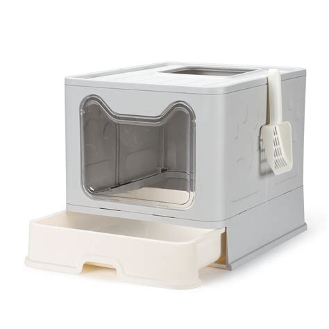 KINGMAS Large Foldable Cat Litter Box with Lid & Scoop, Top Exit, Odor ...