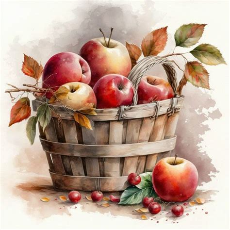 Watercolor Basket Of Apples Cotton Fabric Panel Square Etsy In