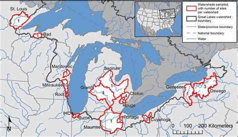 Map of the Great Lakes watershed and the basins sampled within it ...