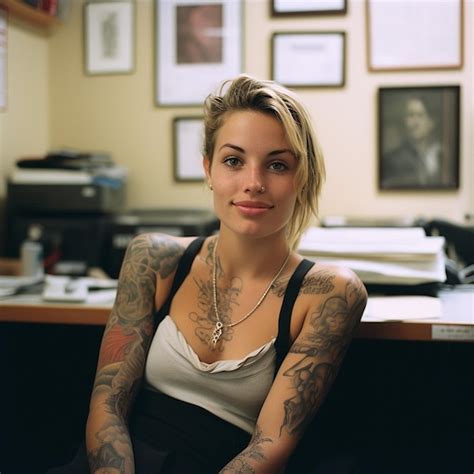 Premium Ai Image A Woman With Tattoos On Her Arm Sits In Front Of A Desk