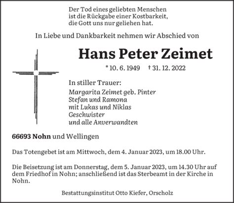 Traueranzeigen Von Hans Peter Zeimet Saarbruecker Zeitung Trauer De