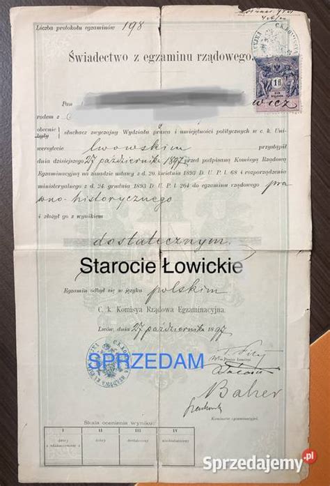 Świadectwo z egzaminu rządowego Lwów 1897 rok Łowicz Sprzedajemy pl