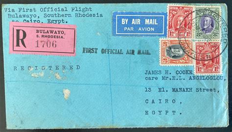 Bulawayo Southern Rhodesia First Flight Cover To Cairo Egypt