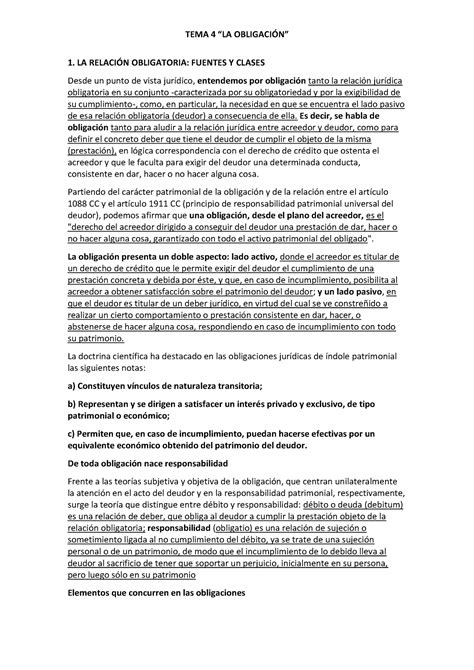 Introducción al Derecho Patrimonial tema 4 1 LA RELACIÓN OBLIGATORIA